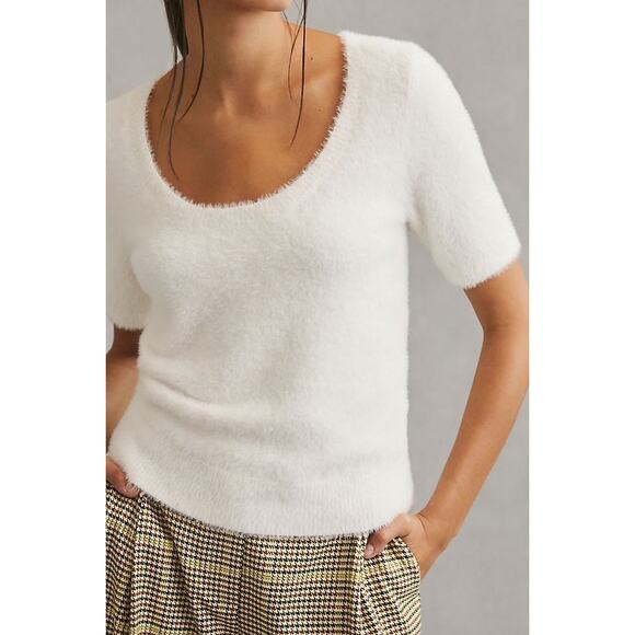 Anthropologie Maeve Scoop Neck Eyelash Sweater Tee White Size Large - Picture 10 of 10